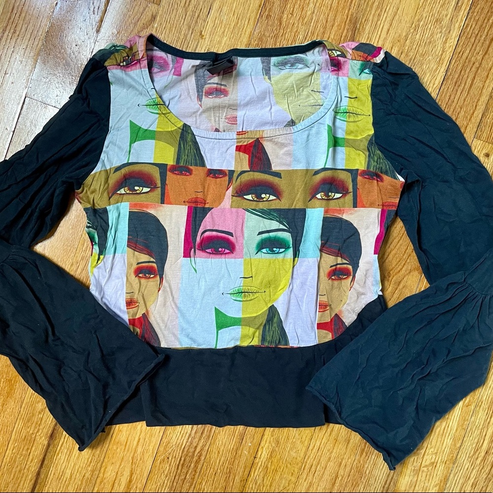 Custo Barcelona Op Art Mod Graphic Faces Tee/Top Long-sleeve Cotton T-Shirt XS/S